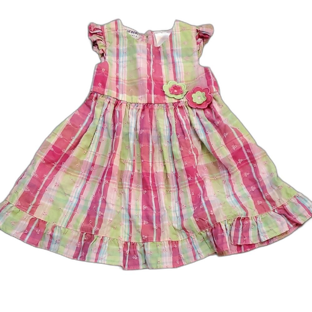 Blueberi Boulevard Pink and Green Plaid Dress with Floral Details Baby 24 Months - Picture 1 of 7
